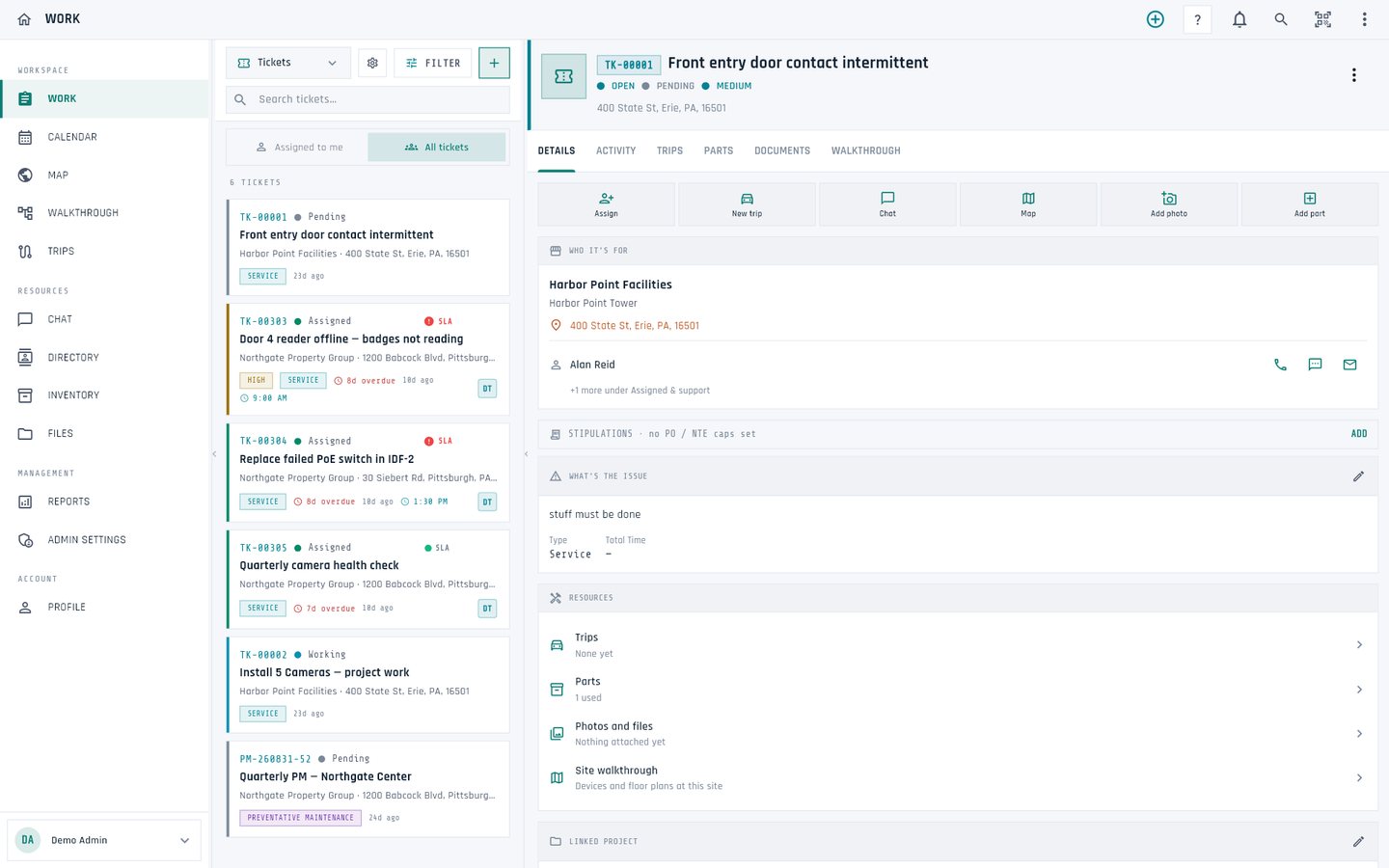 Tech Ops on desktop: a ticket list on the left and an open ticket with quick actions, ticket info and the assigned team on the right.