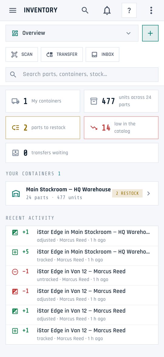 Tech Ops on a phone: the Inventory overview with stat tiles, your containers and recent stock activity.