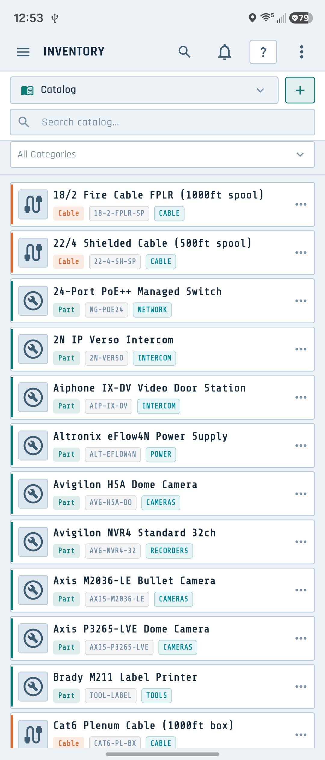 Tech Ops part catalog on Android listing security products with SKUs
