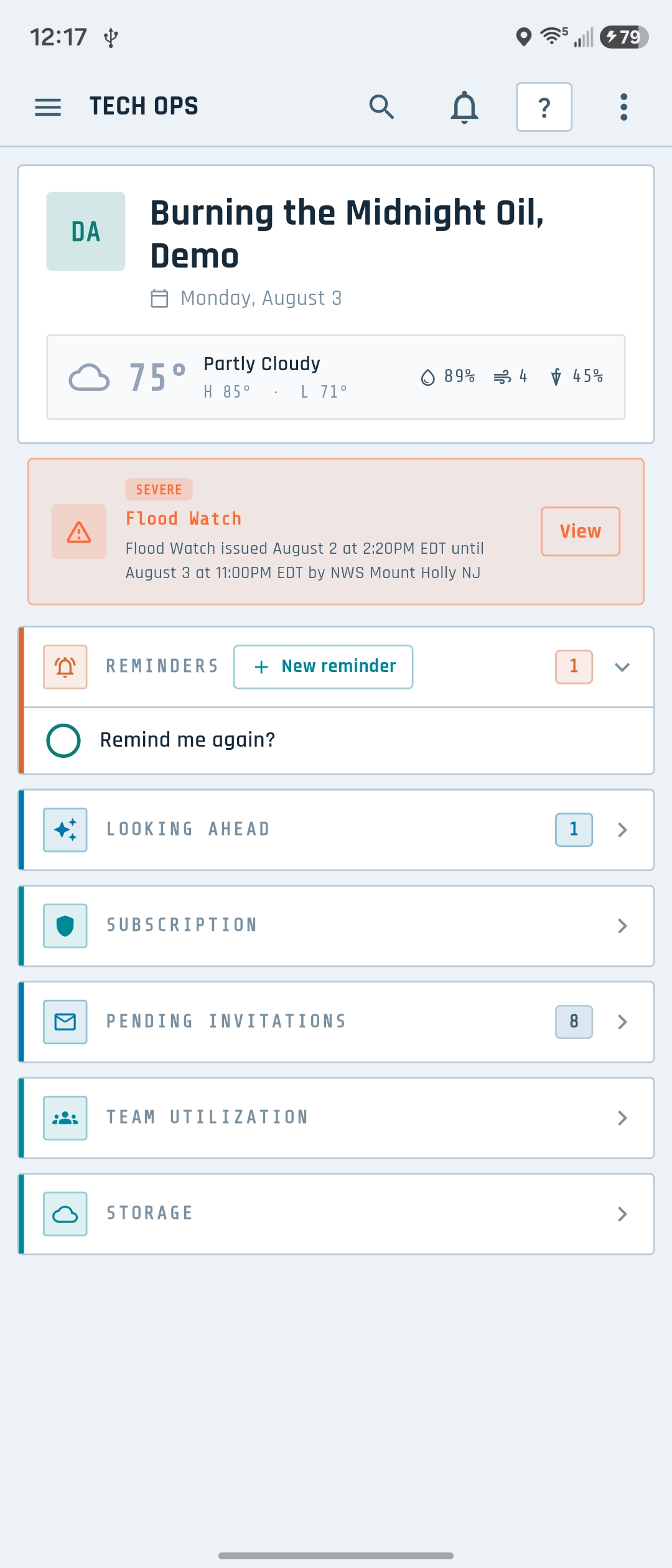Tech Ops My Day dashboard on Android with weather, alerts, and summary cards