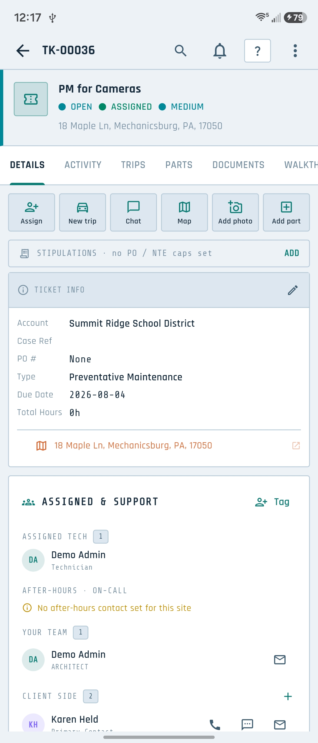 A Tech Ops work ticket open on Android showing details, parts, and activity