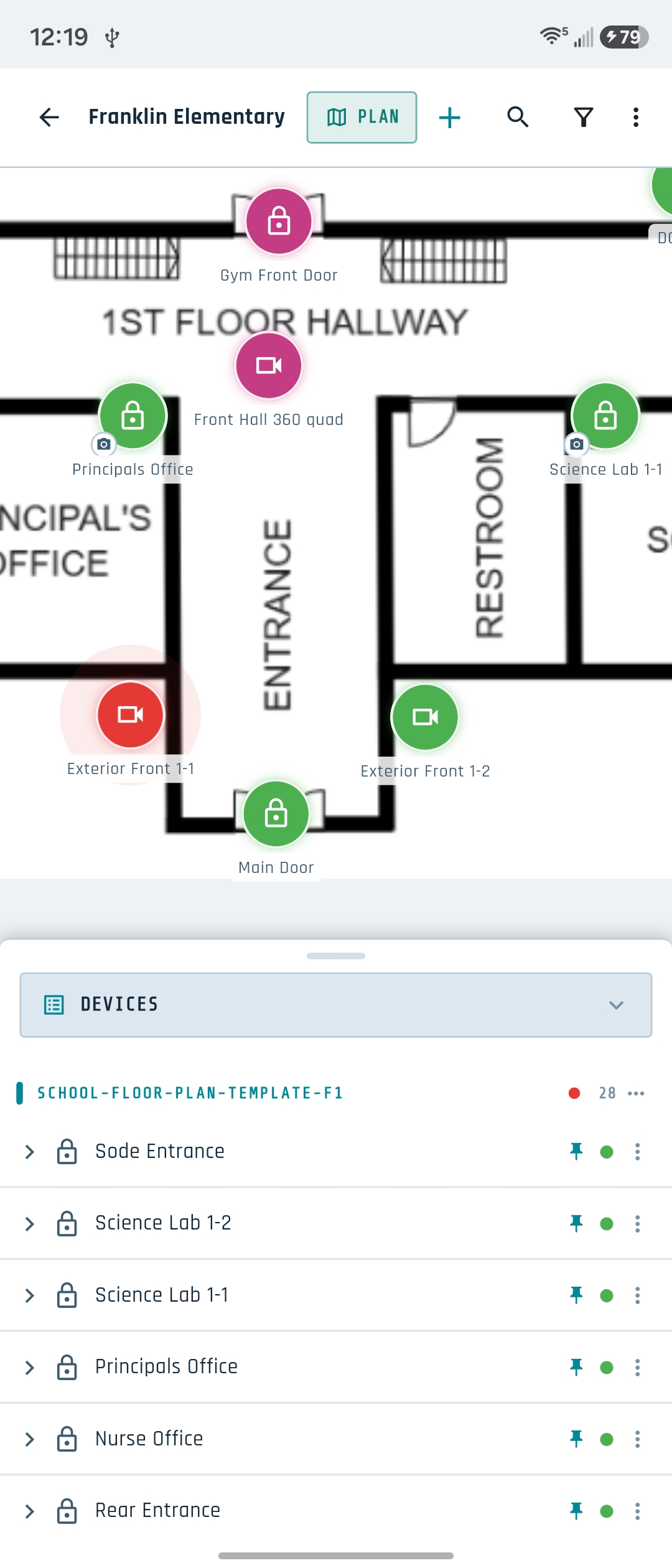 Tech Ops walkthrough floor-plan device map on Android with cameras and locks pinned on each room